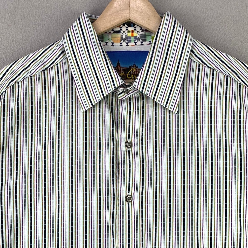 Robert Graham Oxford Dress Shirt Mens XL Rainbow Striped Flip-Cuff Preppy Formal
